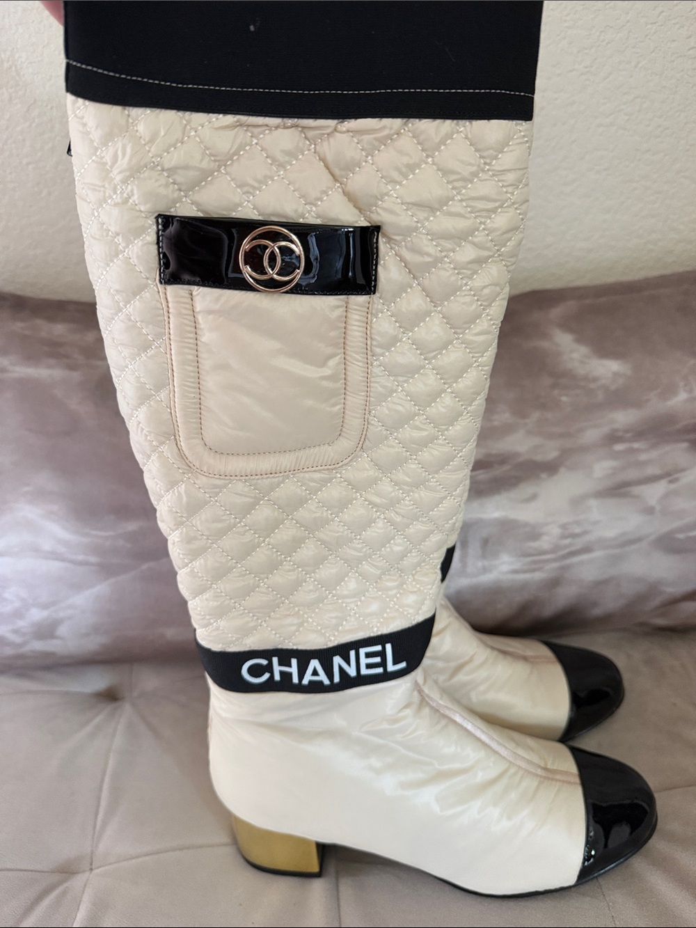 Chanel Cream and Black Quilted Knee Boots